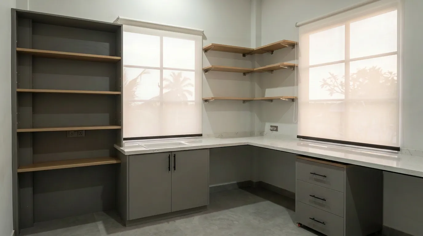 Built-in shelving and space planning detail