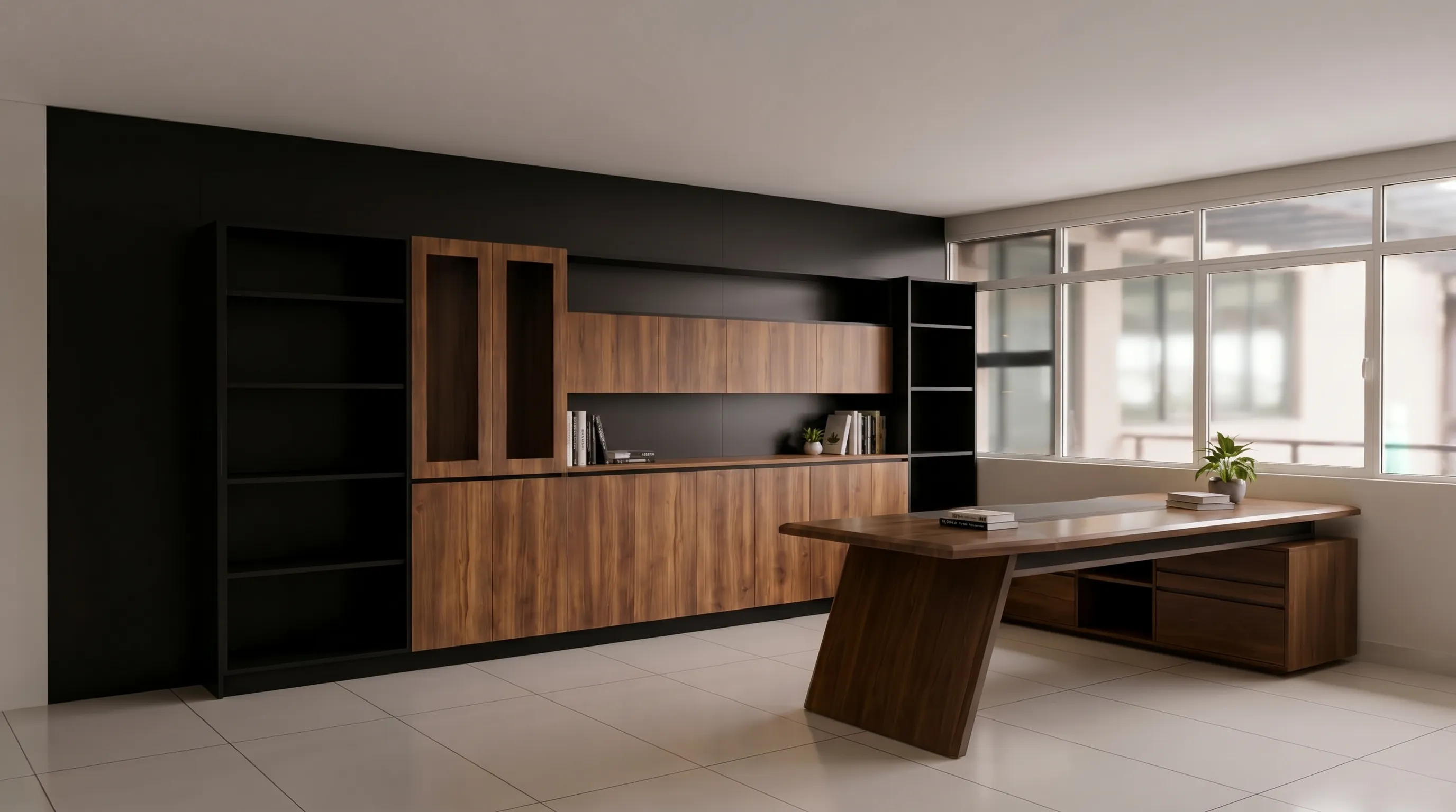Bespoke walnut office fit-out with black accent wall, joinery and timber desk